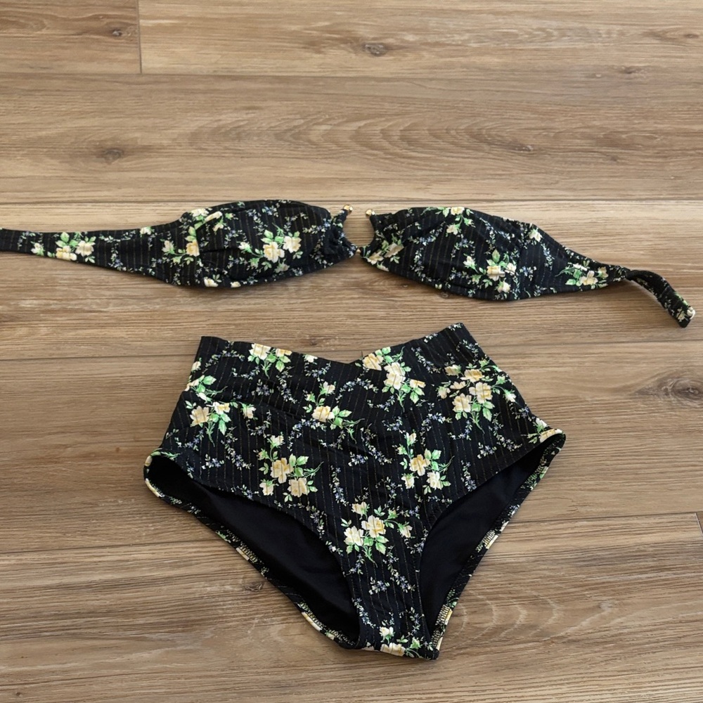 Aerie Black and Green Floral Bikini Set
